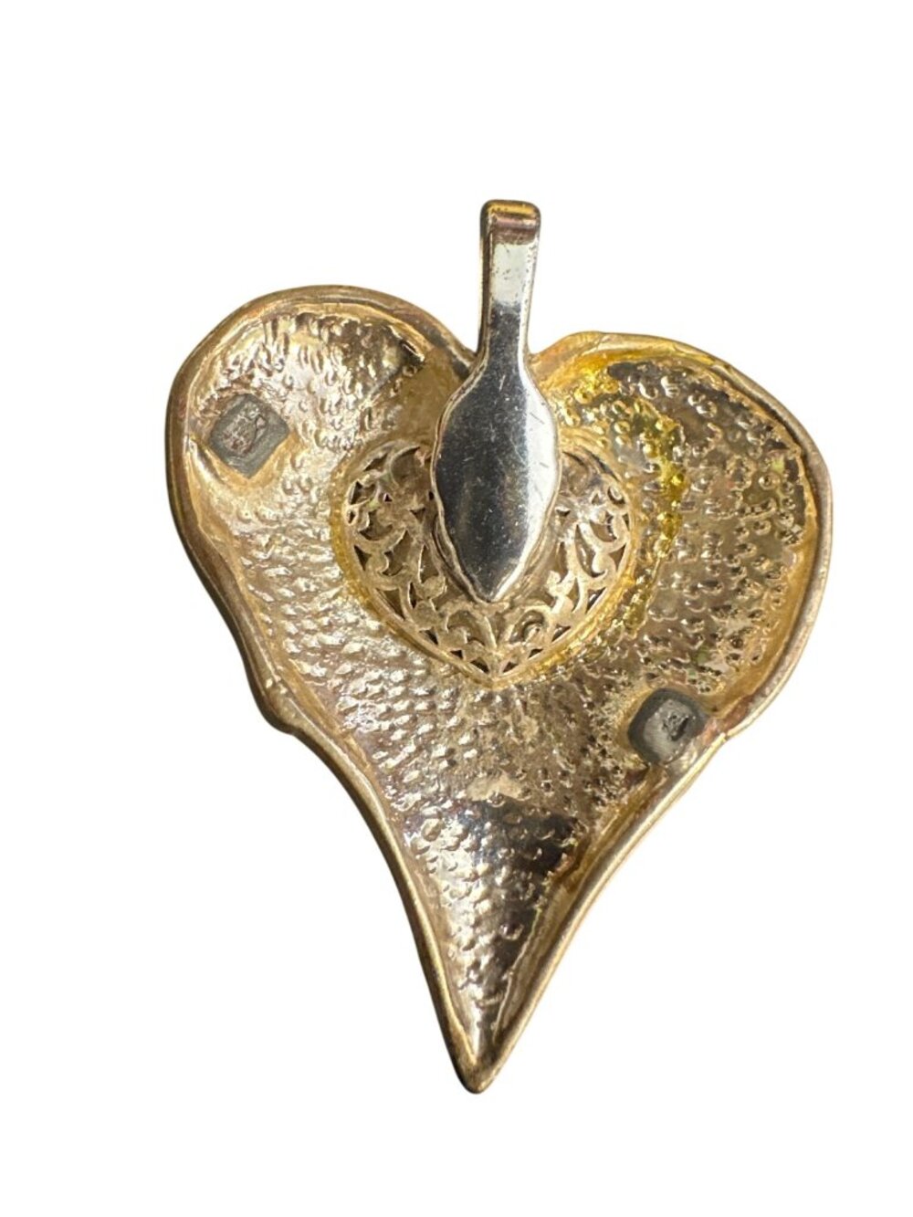 Handcrafted Silver-Tone Heart Pendant With Green & Yellow Glass Inlay Intricate - Picture 3 of 4
